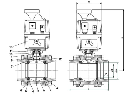 BSE6389-J34PV0050_Stainless steel ball valve, DN50/60,3mm (weld ends), 1.4404, ISO5211 top flange, full bore, PTFE sealing + electric actuator 24-240V 50/60HZ 