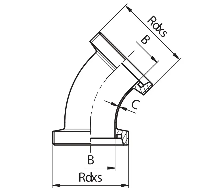 DINEG009_DIN NT  līkums 45°, vītne/vītne, 45°, 85.00 x 2.00mm, Rd 110 x 1/4",  Matt, iekšp -  0.8/1.6 µm, DIN11852, 1.4307