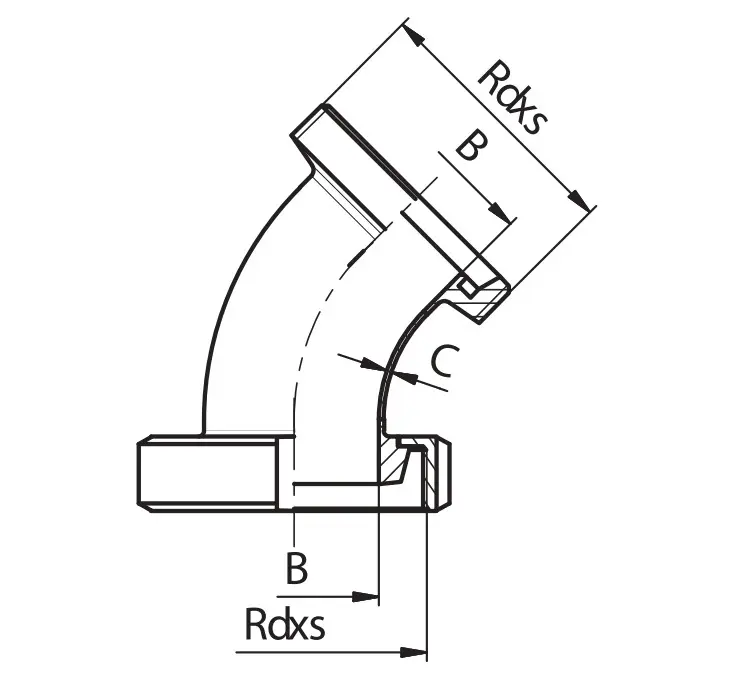 DINEGKM11_DIN NT  līkums 45°, vītne / uzgrieznis, 45°, 129.00 x 2.00mm, Rd 160 x 1/4",  Matt, iekšp -  0.8/1.6 µm, DIN11852, 1.4307
