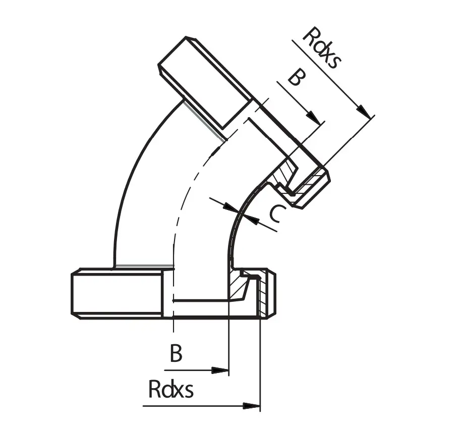 DINEKM011_DIN stainless elbow, nut / nut, 45°, 129.00 x 2.00 mm, Rd 160 x 1/4",  Matt, inside -  0.8/1.6 µm, DIN11852, 1.4307