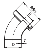 DINWEG003_DIN NT metināms līkums ar vītni, 45°, 23.00 x 1.50mm, Rd 44 x 1/6",  Matt, iekšp -  0.8/1.6 µm, DIN11852, 1.4307