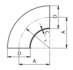 SDF2005_DIN metināms līkums 90°, S-S, 22.00 x 1.50 mm, Matt, iekšpuses virsma max. 0.8/1.6 µm, R - 40, DIN11852, 1.4307