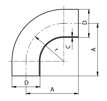 SDF2047_DIN metināms līkums, garais, 90°, W-W, 22.00 x 1.50 mm, Matt, iekšpuses virsma max. 0.8/1.6 µm, R - 40, DIN11852, 1.4307