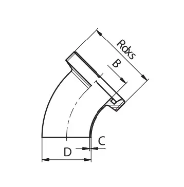 DINWEG011_DIN NT metināms līkums ar vītni, 45°, 129.00 x 2.00mm, Rd 160 x 1/4",  Matt, iekšp -  0.8/1.6 µm, DIN11852, 1.4307