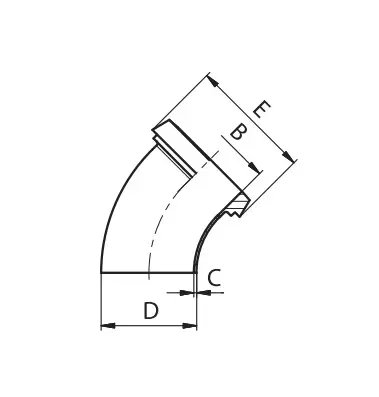 DINWEK010_DIN NT metināms līkums ar konusu, 45°, 104.00 x 2.00mm,  Matt, iekšp -  0.8/1.6 µm, DIN11852, 1.4307