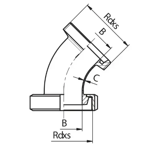 DINEGKM10_DIN NT  līkums 45°, vītne / uzgrieznis, 45°, 104.00 x 2.00mm, Rd 130 x 1/4",  Matt, iekšp -  0.8/1.6 µm, DIN11852, 1.4307