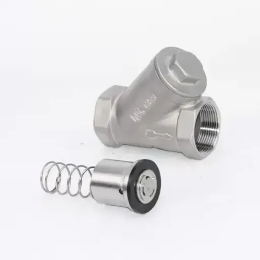 SCVY005_Nerūsējošā tērauda, Y-tipa pretvārsts ar atsperi, 1", iekš./ iekš. vītne, BSP, PTFE, PN40, AISI316